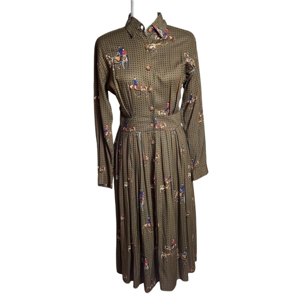 Vintage Rare Olive Green Button-Front Long Sleeve Equestrian Dress